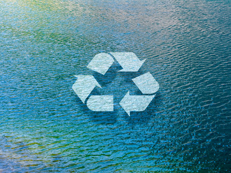 Recycling icon sign floating on the natural blue water surface, lake background. Recycle water, conserving environmental resources, green ecology sustainable concepts.の写真素材