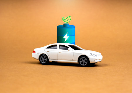 EV car, Electric energy battery charge vehicle with sustainable development concept. White toy car...