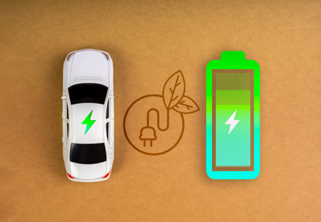 EV car, Electric energy battery charge vehicle with sustainable development concept. Top view of...