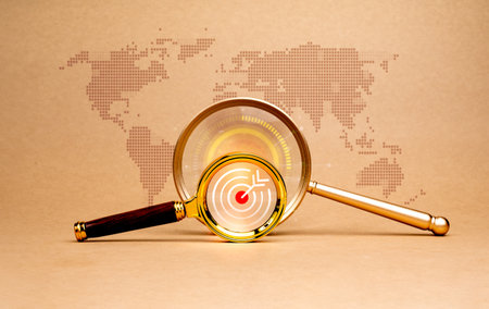 Global trends target insights, searching with internet connection technology, success business worldwide online marketing concept. Target icon in magnifying glass lens on digital world map background.の写真素材