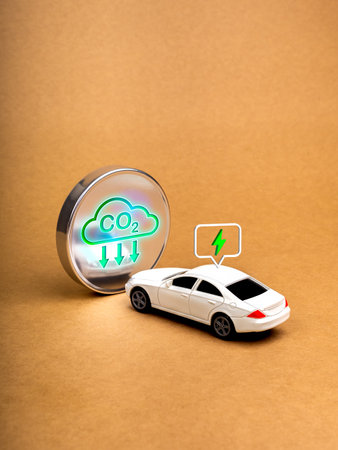 EV car, Electric energy vehicle with sustainable development concept. Co2 emissions reduction icon on round mirror, reflection white car with electric power symbol on brown recycle paper background.の写真素材