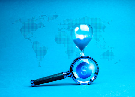Investment online, Stock market volatility calculations, stock market timing concepts. Money coin symbol in magnifying glass lens focus on hourglass on digital world map, blue tone background.の写真素材