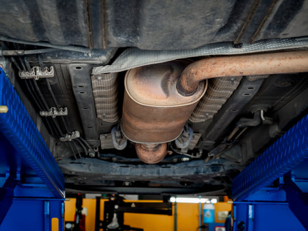 Bottom view of exhaust pipe under the car while lifted vehicle check-up maintenance service. A part of metal exhaust muffler pipe with rust stains in garage for repair and fix at automotive workshop.の写真素材