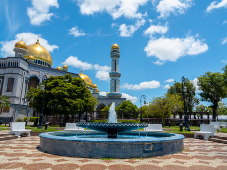 Fountain in the garden of Jame' Asr Hassanil Bolkiah Mosque landmark, named after Hassanal Bolkiah, the 29th and current Sultan of Brunei in Bandar Seri Begawan, the capital city of Brunei Darussalam.の写真素材