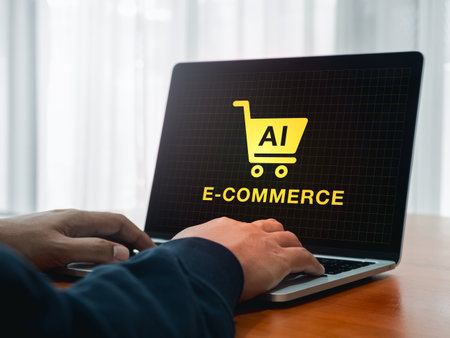 AI E-commerce concept. Artificial intelligence service support tools for ecommerce marketing trends and reach customer. AI cart symbol on network screen while businessman working with laptop computer.の写真素材