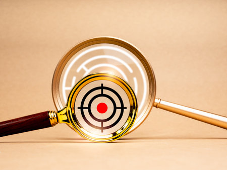 Target solution, accuracy solving development concept. Big aim icon in small magnifying glass lens overlap the maze labyrinth circular game in big another magnifier lens, isolated on brown background.の写真素材