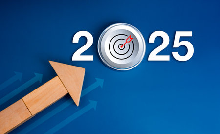 Happy new year 2025, business growth, leadership concept. Big white 2025 year calendar numbers with...
