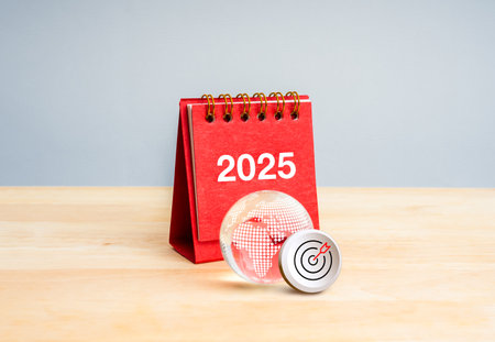 Happy new year 2025 with global business, digital marketing, goal and technology concept. 3d Target...