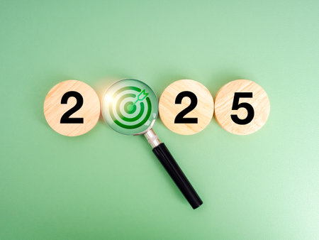 Happy new year 2025 with business marketing goal, and trends searching concept. Target icon in...
