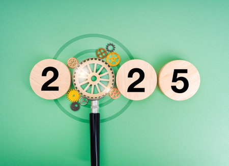 Happy new year 2025 with business goal searching and management concept. Target icon in magnifying...