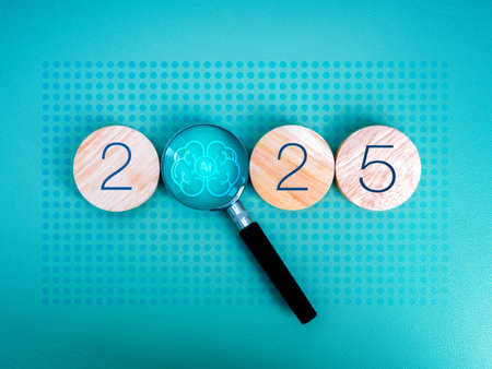 Happy new year 2025 with Artificial intelligence concept. 2025 calendar numbers on round wood blocks...
