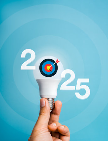 Happy 2025 new year with creative idea, business market goal, innovation and trends concept. Target...