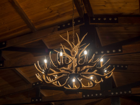 Modern chandelier deer horns in living room, Vintage ceiling light or light bulbs hanging with from wood ceiling, indoor interior loft style building. Retro lighting decoration.の写真素材