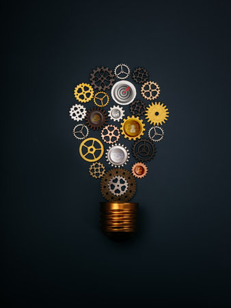 Innovative technology and solution strategy, education and learning, creative thinking teamwork concept. Many gears and cogwheels arrange as a lightbulb shape on dark background, vertical style.の写真素材