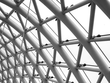 Abstract curved modern construction on the arch ceiling of the bridge of peace, Tbilisi architecture in Georgia. White metal pipes structure supporting roof in building, curvature line background.の写真素材