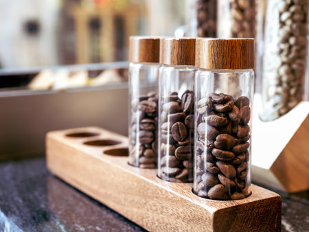 Close Up of three coffee beans glass tubes containers in small wood shelf decoration on counter bar...