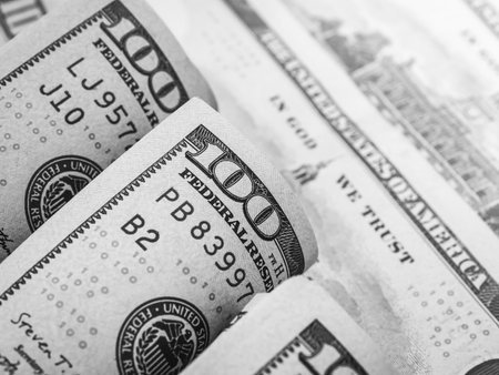 Close up 100 numbers on dollars bill banknote. Money cash, financial background. One hundred dollar banknotes roll backgrounds, black and white style. Business financial, banking and currency concept.の写真素材