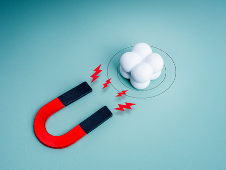 U-shaped Magnet, black and red colors with sparking icon, power attracting at people team group...