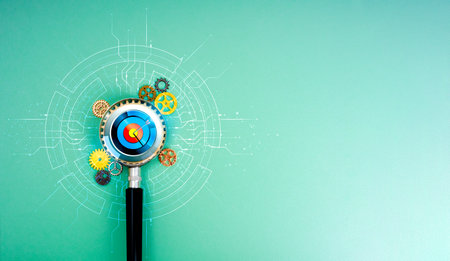 Business market trends, AI searching automation tools, management workflow concept. 3d target icon...