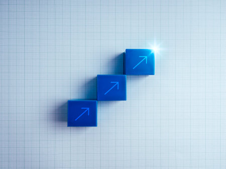 Rise up arrows on blue cube blocks as 3d bar graph chart steps on grid line, graph paper background,...