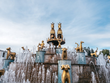 Scene of Colchis Fountain with golden statues of animals, replicas of ancient Georgian figures, monument in the central square, tourist attraction in Kutaisi, Georgia.の写真素材