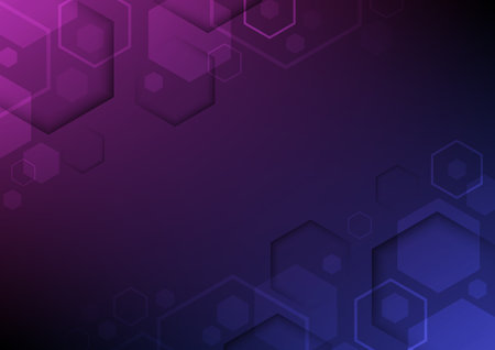 Abstract background of hexagon pattern, technology concept. 3d hexagonal shapes and lines patterns on dark purple and blue, colour gradient backgrounds with copy space, vector and Illustration.のイラスト素材