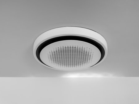 Cooler ceiling air conditioner concept. Modern white round cassette air conditioning solutions...