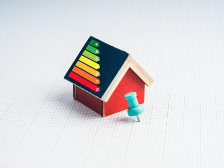 House energy efficiency rating class, cost savings and low-energy eco-friendly home concept. Auditor rate label on roof of red miniature house and blue thumbtack pin on white graph paper background.の写真素材