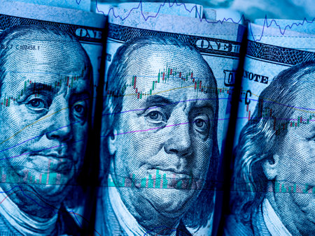 Candle stick and line graph of stock market, currency trading chart on Benjamin Franklin's face on...