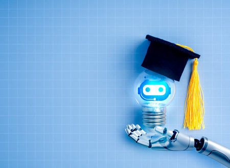 AI smart learning, artificial intelligence assistant technology concept. Chatbot icon glowing inside light bulb, wearing graduation hat, holding by robot humanoid hand on blue network background.の写真素材