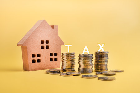 Property tax, home investment, interest rates, mortgage rates, real estate concept. White letters T, A and X, set on a pile of coins near wooden house toy, isolated on yellow background, minimalist.の写真素材