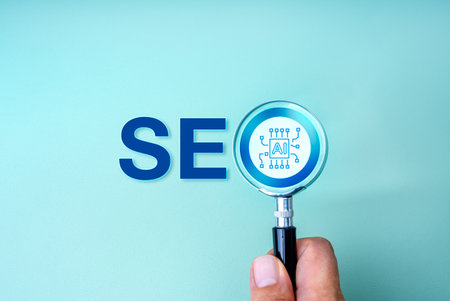 SEO optimization, search engine marketing, with Artificial intelligence assistant tools technology concept. AI chip focused in magnifying glass lens in people hand, with text SEO, on blue background.の写真素材
