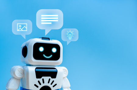 AI bot, Artificial intelligence assistant technology concept. White smart cute robot with image, knowledge and idea icons in speech bubble, blue background, online communication chatbot service.の写真素材