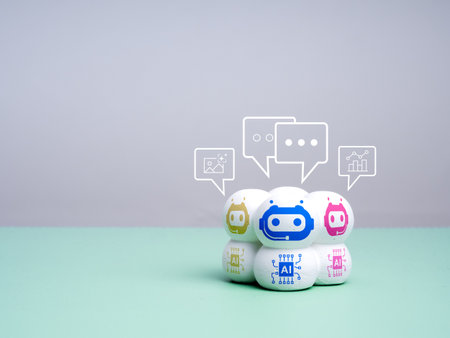 AI bot types, Artificial intelligence assistant technology concept. Different colors robot faces and chips with image, chat and analysis icons in speech bubbles on green table, grey background.の写真素材