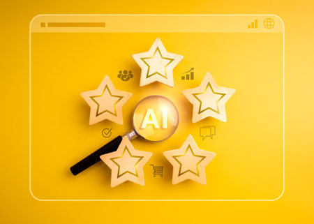 Artificial intelligence customer feedback analysis concept. AI in magnifying glass, surrounded with...