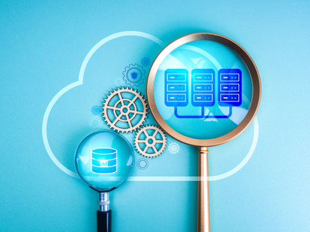 AI Data center, cloud computing management, digital infrastructure concept. AI data center icon and database symbol in magnifying glass, working inside cloud storage shape, on minimal blue background.の写真素材