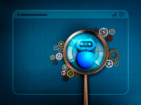AI chatbot website, (SEO) search engine optimization tools, online technology concept. Smart robot icon, focused in magnifying glass lens with gears and cogs, on website page, blue net background.の写真素材