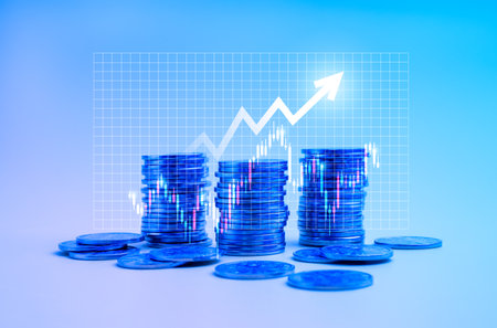 Economic growth, investment, savings, stock market trading, business financial concept. Arrows rise up from money coin stack groups with growing forecast index stock chart, overlay on blue background.の写真素材