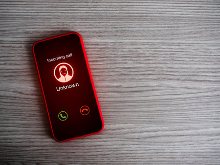 Malicious, abusive or threatening calls concept. Incoming call alert with unknown caller, scammer icon, unknown calling display showing on red smart mobile phone screen on wood table with copy space.の写真素材