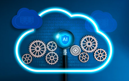 AI data center security and cloud storage system technology, data protection concept. AI security shield focus in magnifier with gears flowing, and data center icons on cloud shapes, blue background.の写真素材