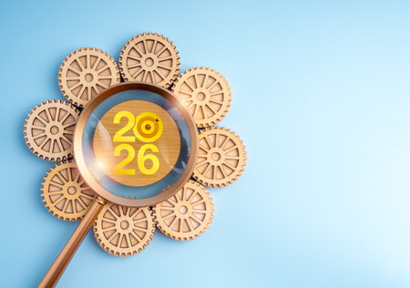 Happy new year 2026, green business trends, success management workflow concept. 2026 calendar...