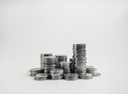 Silver coin stacks on white background. savings, profit revenue, investment and finance, business...
