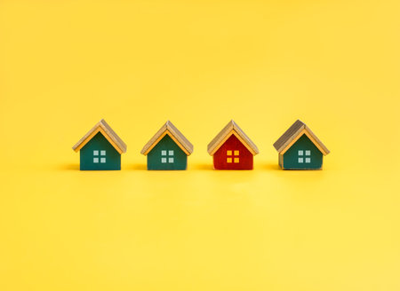 Real estate concept with four miniature wooden houses on yellow background, showing property selection, home value comparison, investment strategy, and unique housing choice for buyers or investors.の写真素材