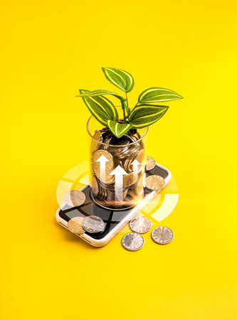 Glass jar with coins and plant growing on smartphone over vertical yellow background, concept of financial growth, digital investment, mobile banking, smart technology, wealth, online income.の写真素材