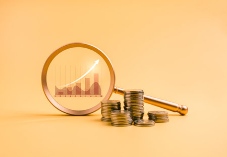 Income growth chart in magnifying glass with coin stacks on yellow background. Concept for financial analysis, ROI, investment strategy, revenue tracking, and business performance planning.の写真素材