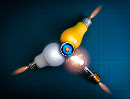 Three light bulbs as rockets aiming at 3d target icon on blue grid background, symbolizing creative ideas, startup innovation, competition, and achieving business goals with vision and determination.の写真素材