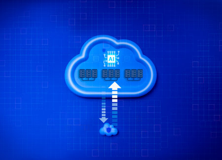 AI cloud storage system with data center servers icons and upload-download arrows on digital background, representing artificial intelligence, cybersecurity, cloud computing, and technology network.の写真素材