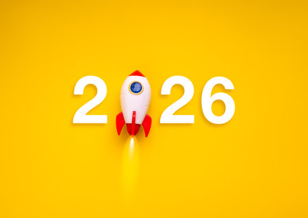 2026 numbers with rocket flying on yellow background represents happy new year 2026, business growth, startup innovation, creative ideas, trends, fresh opportunities and successful future development.の写真素材
