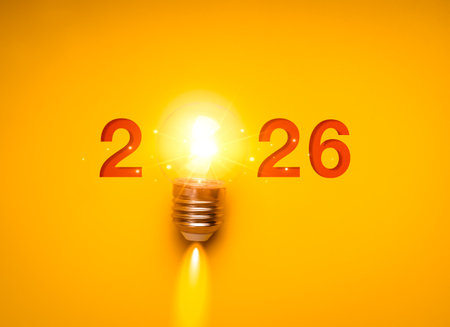 Happy New Year 2026 concept with glowing light bulb symbolizing startup innovation, creative ideas, and smart future trends. Perfect for business vision, technology, and entrepreneurship inspiration.の写真素材