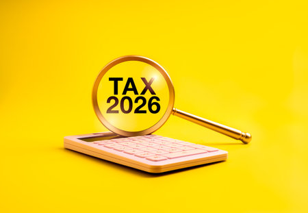 Tax 2026 concept with magnifying glass focusing on text over calculator on yellow background,...
